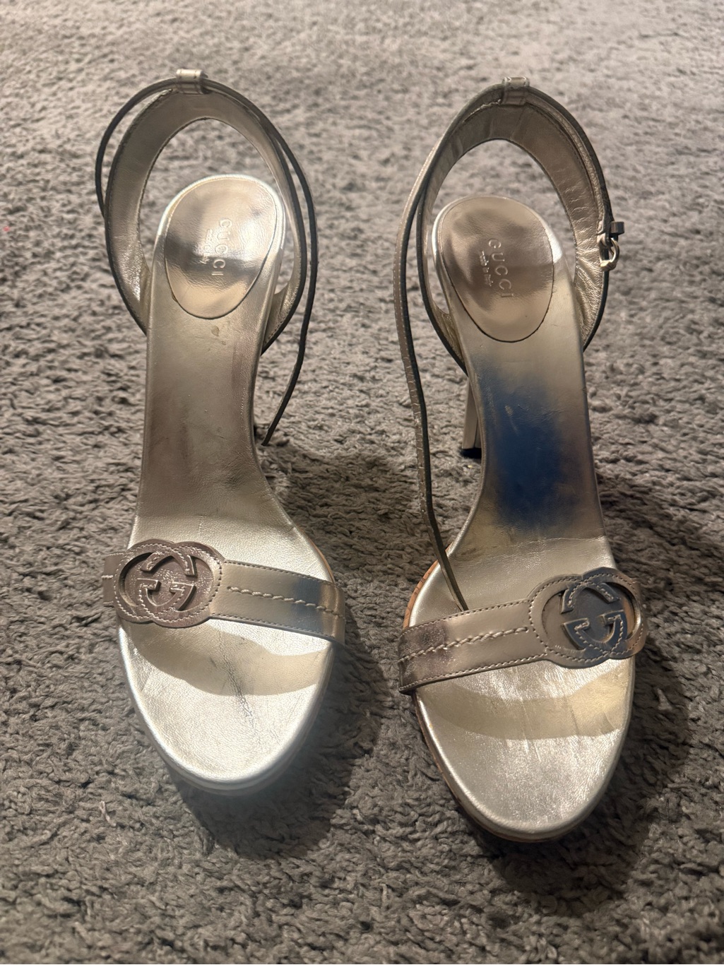 Gucci Silver Open-Toe Slingback Sandals With Interlocking Gg
